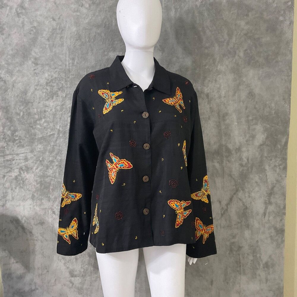 Coldwater Creek Blazer women’s L Butterfly button up silk Blend Jacket Artsy